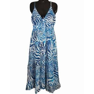 True Destinations Resort Tiered Blue White Animal Print Maxi Dress XS S NWT Boho